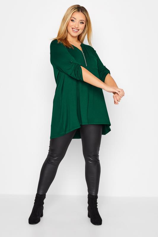 Plus Size Forest Green Zip Front Top | Yours Clothing 3