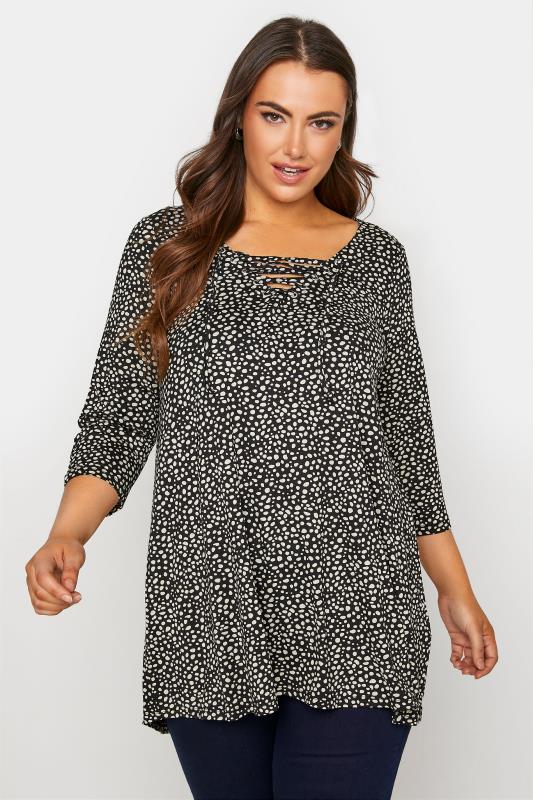 Plus Size Black Spot Lace Up Top | Yours Clothing 1
