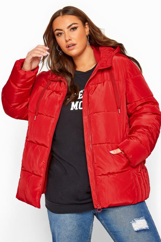 red short puffer jacket
