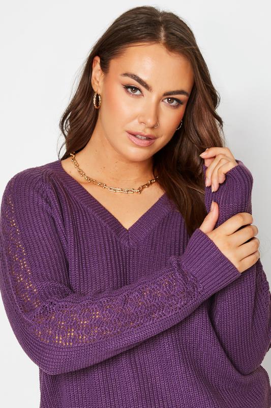 Plus Size Purple Pointelle Sleeve V-Neck Knitted Jumper | Yours Clothing 4
