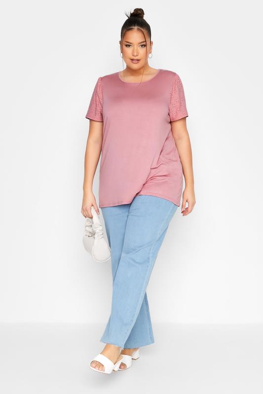 LIMITED COLLECTION Curve Dusky Pink Broderie Anglaise Sleeve T-Shirt_B.jpg