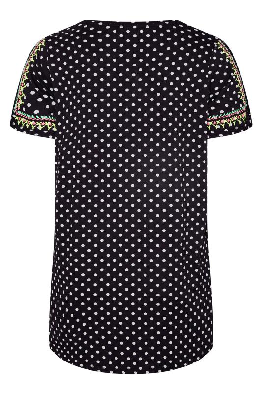 Plus Size Black Spot Print Embroidered Tie Neck Top | Yours Clothing  7