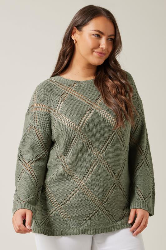 EVANS Plus Size Khaki Green Diamond Pointelle Jumper | Evans 4