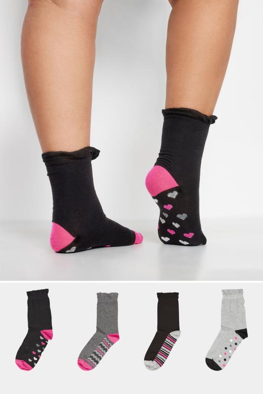  Grande Taille YOURS 4 PACK Black Heart & Stripe Print Footbed Ankle Socks