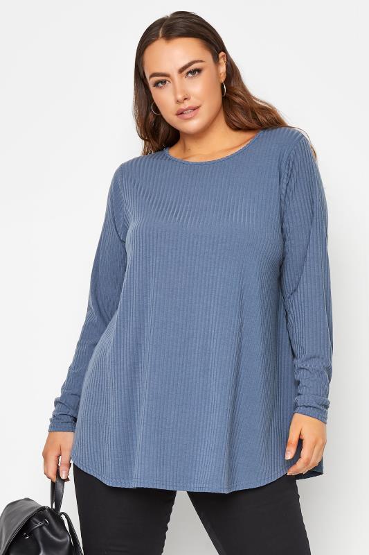 LIMITED COLLECTION Curve Blue Long Sleeve Ribbed Top 1