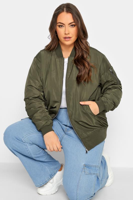 YOURS Plus Size Curve Khaki Green Bomber Jacket | Yours Clothing  3