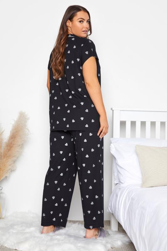 Plus Size Black Glitter Heart Pyjama Set | Yours Clothing 3