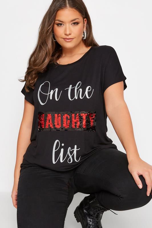 Curve Black 'On The Nice List' Sequin Embellished Christmas T-Shirt | Yours Clothing 1