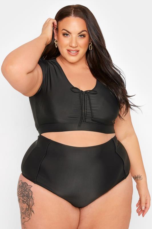 Plus Size Black Ruched Bikini Crop Top | Yours Clothing 1