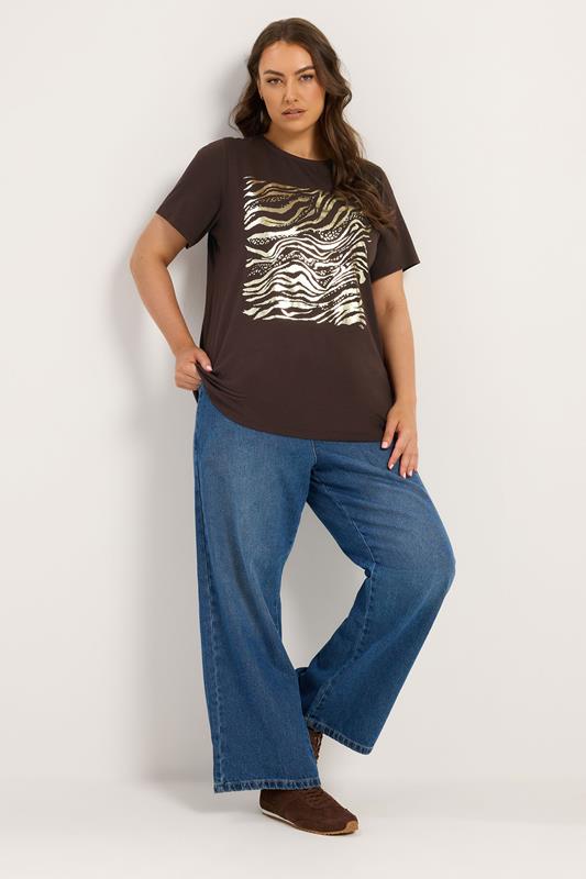 YOURS Plus Size Chocolate Brown Zebra Foil T-Shirt | Yours Clothing 1