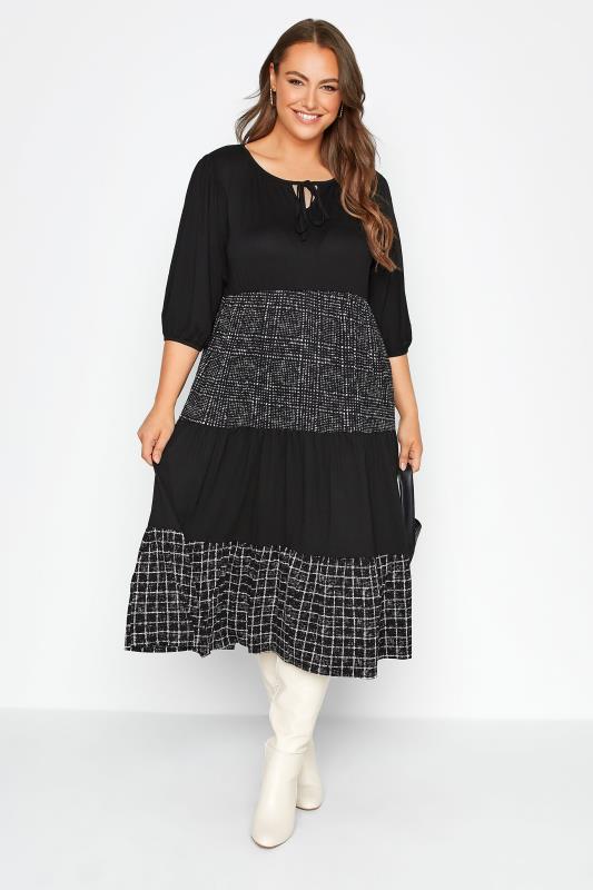 Plus Size Black Mixed Print Tie Neck Tiered Midaxi Dress | Yours Clothing 2