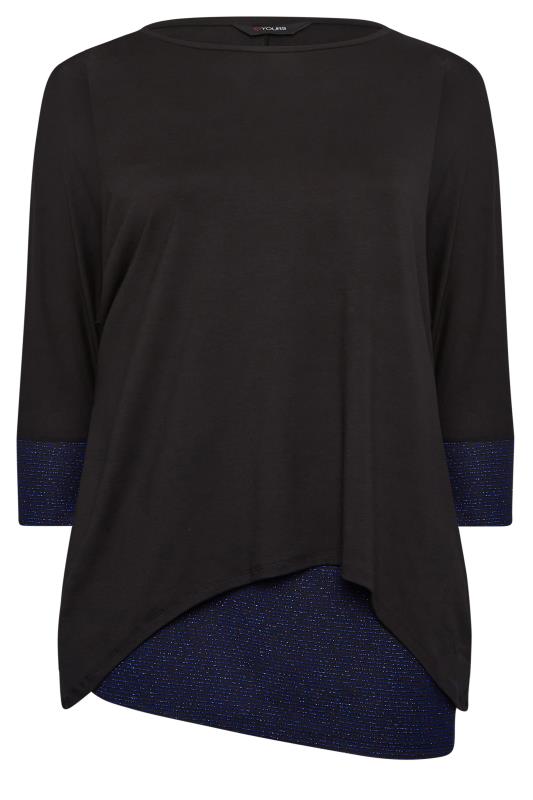 YOURS Curve Plus Size Black & Navy Blue Glitter Soft Touch Layered Blouse | Yours Clothing  6