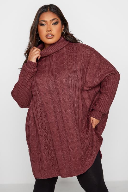 Plus Size  Pink Cable Knit Roll Neck Jumper