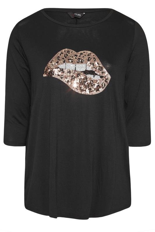 Plus Size Black Sequin Lip Print T-Shirt | Yours Clothing 6