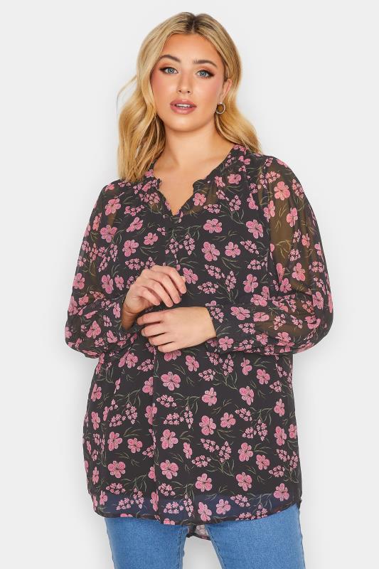 Plus Size Black Floral Print Balloon Sleeve Shirt | Yours Clothing 1