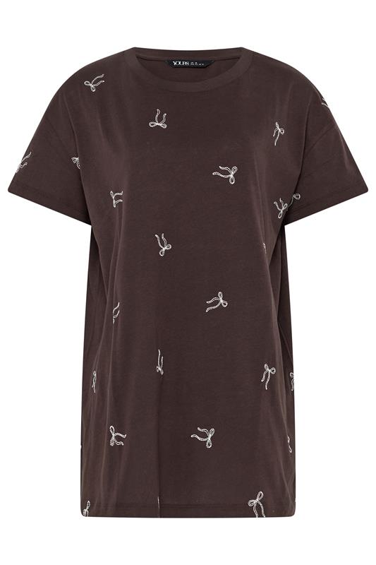 YOURS Plus Size Chocolate Brown Embroidered Bow T-Shirt | Yours Clothing 5
