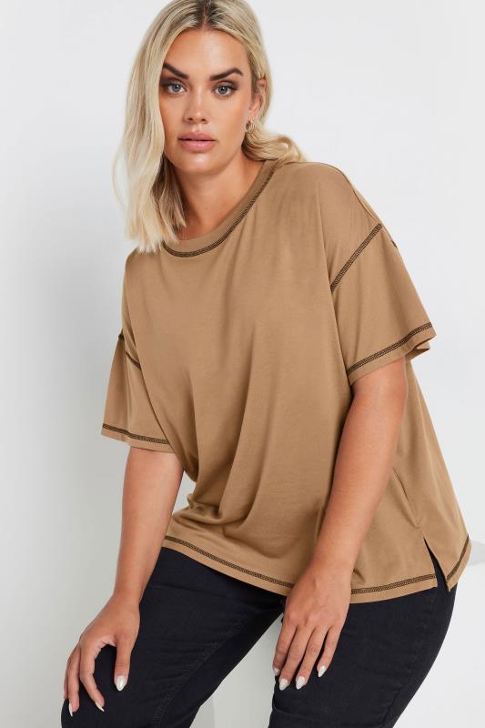 YOURS Plus Size Beige Brown Contrast Stitch T-Shirt | Yours Clothing 4