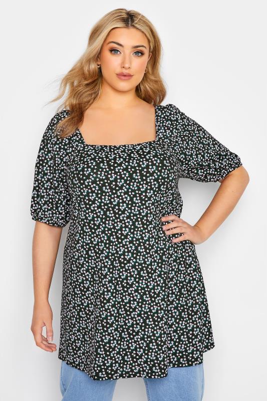 LIMITED COLLECTION Plus Size Black Ditsy Floral Top | Yours Clothing 1