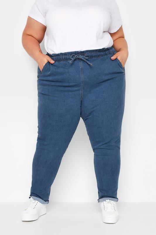 Plus Size Mid Blue Paperbag Waist Stretch MOM Jeans | Yours Clothing 1