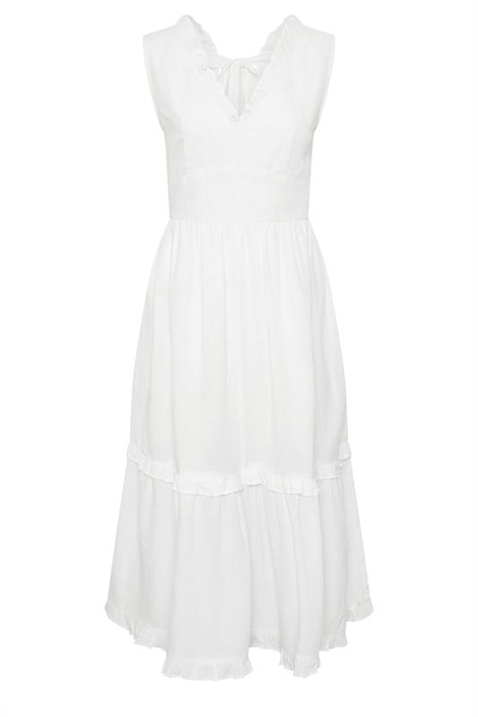 PixieGirl Petite Women's White Ruffle Tie Back Midi Dress | PixieGirl 7