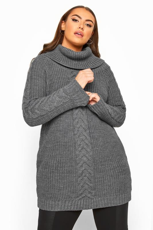 Charcoal Grey Cable Knit Longline Jumper | Yours Clothing