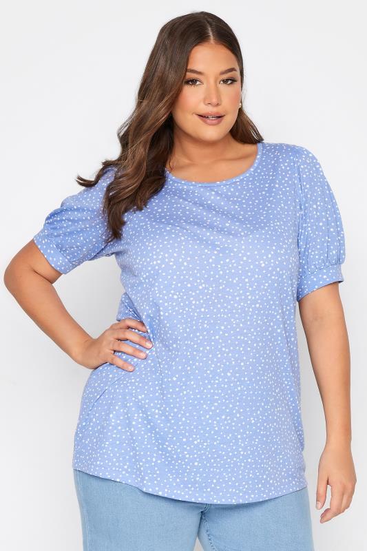 Plus Size Blue Spot Print Puff Sleeve Top | Yours Clothing  1