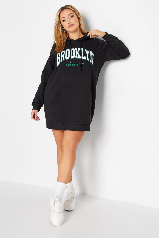 Plus Size Black 'Brooklyn' Slogan Hoodie Dress | Yours Clothing 3