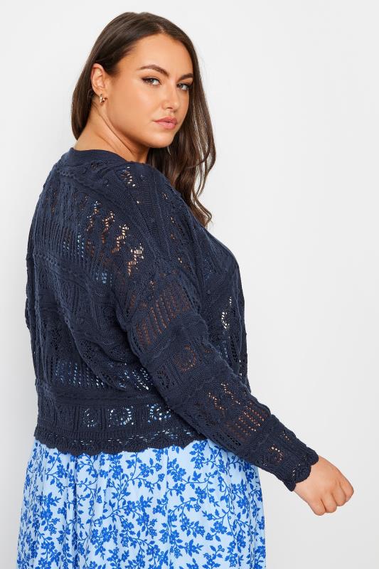 YOURS Plus Size Navy Blue Pure Cotton Cropped Pointelle Cardigan | Yours Clothing 3