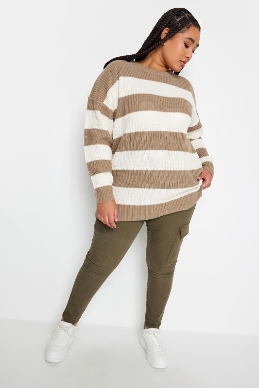 YOURS Plus Size Brown Stripe Ribbed Knit Jumper | Yours Clothing 3