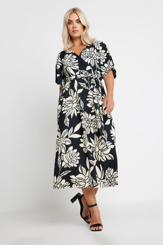 Plus Size  YOURS Curve Black Floral Print Textured Wrap Dress