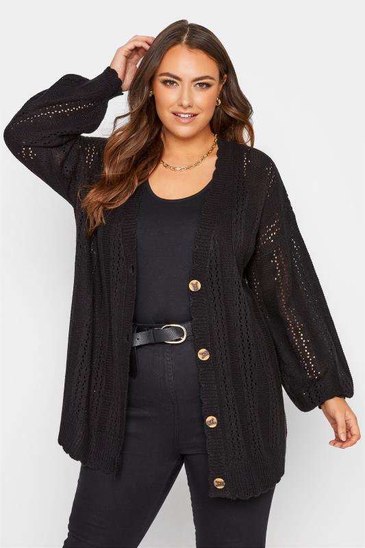  Grande Taille YOURS Curve Black Pointelle Balloon Sleeve Cardigan
