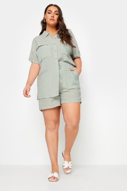 YOURS Plus Size Sage Green Stripe Linen Shorts | Yours Clothing 2