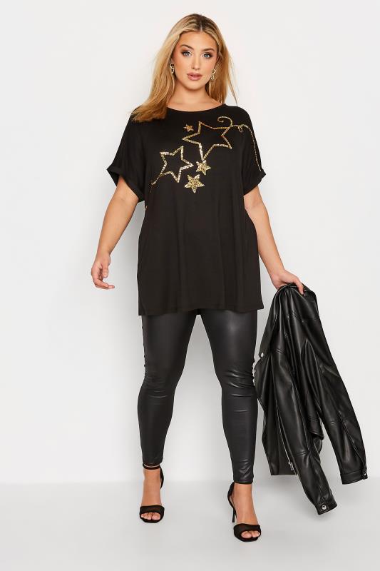 Curve Plus-Size Black & Gold Sequin Star T-Shirt | Yours Cloting 2
