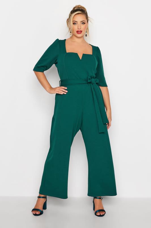 YOURS LONDON Plus Size Green Notch Neck Tie Waist Jumpsuit | Yours Clothing 2