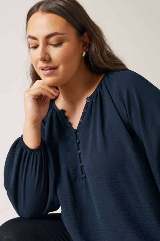 EVANS Plus Size Navy Blue Button Front Long Sleeve Blouse | Evans 5