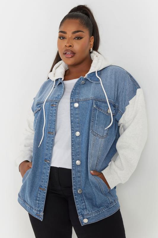 YOURS Plus Size Blue Sweatshirt Hooded Denim Jacket Yours Clothing