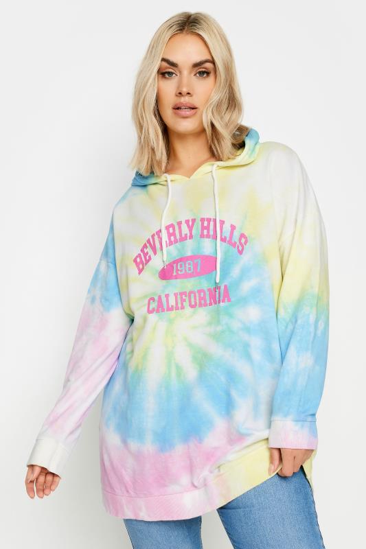  Grande Taille YOURS Curve Light Blue & Pink Tie Dye 'California' Slogan Hoodie