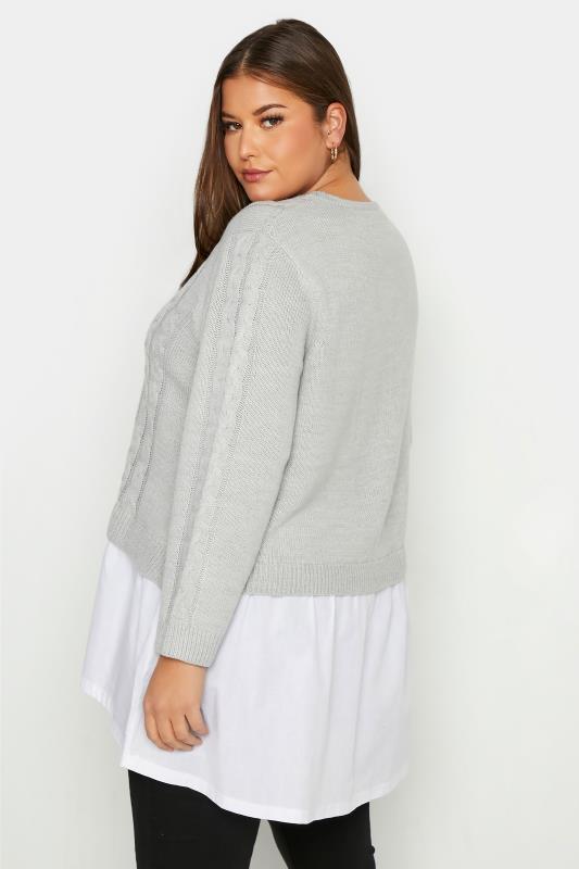 Plus Size Curve Grey 2 In 1 Poplin Hem Cable Knitted Jumper | Yours Clothing 3