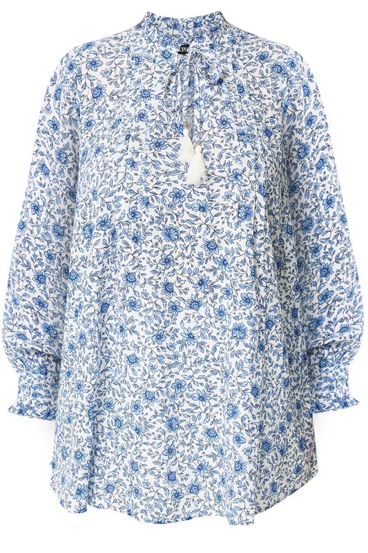 YOURS Plus Size Blue Floral Tie Neck Blouse | Yours Clothing 5