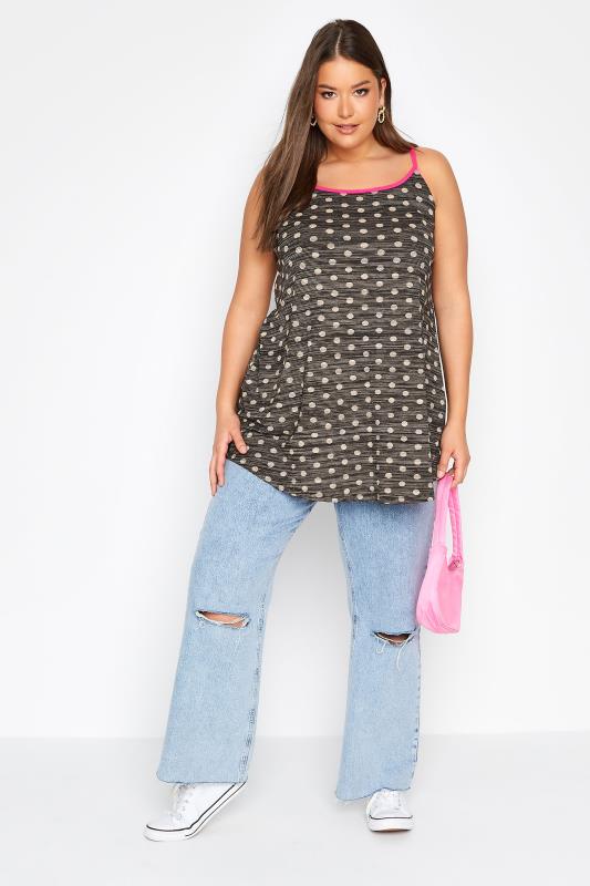 Plus Size Black Polka Dot Stripe Print Contrast Strap Vest Top | Yours Clothing 2