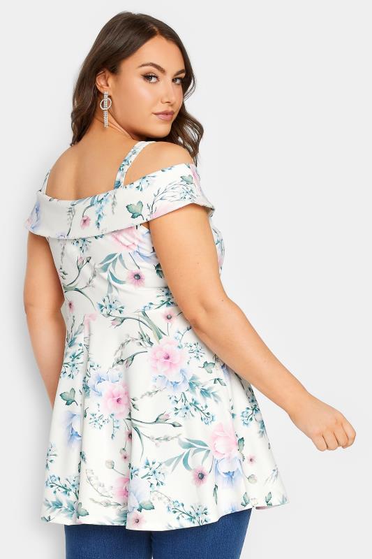 YOURS LONDON Plus Size White Floral Bardot Peplum Top | Yours Clothing 3