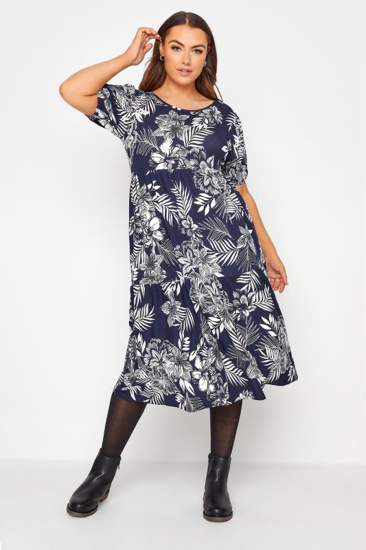 Plus Size  Navy Tropical Puff Sleeve Smock Midaxi Dress