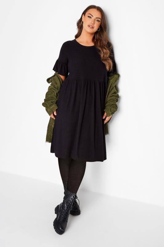 Plus Size Black Ribbed Smock Dress | Yours Clothing 2