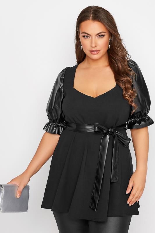 YOURS LONDON Curve Black Leather Look Puff Sleeve Peplum Top 2