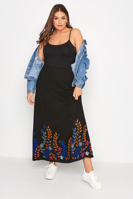 Plus Size Black Floral Border Print Skirt | Yours Clothing 2