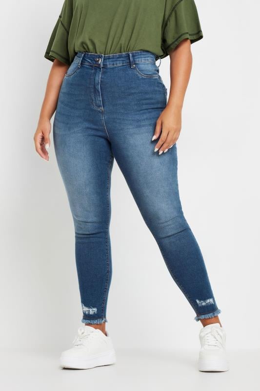 Plus Size Blue Distressed AVA Lift and Shape Skinny Jeans | Yours Clothing 1