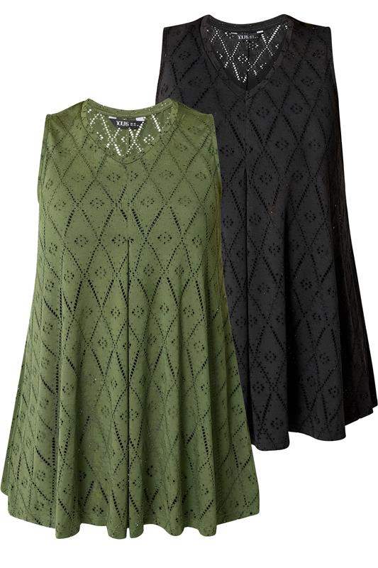 YOURSET 2 PACK Plus Size Black & Green Pointelle Vest Top | Yours Clothing 7