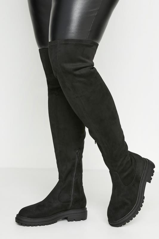  dla puszystych LIMITED COLLECTION Black Faux Suede Super High Over The Knee Boots In Extra Wide EEE Fit