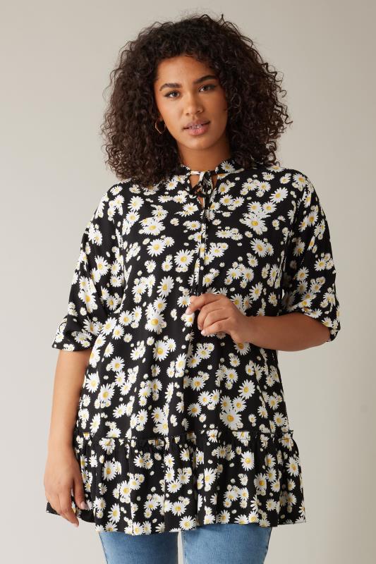 EVANS Plus Size Black Daisy Print Frill Hem Tunic Top | Evans 1