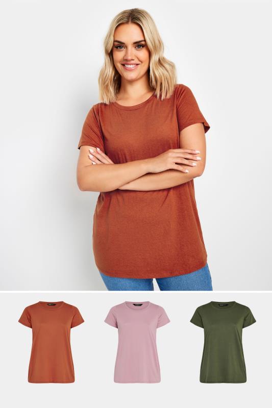YOURS 3 PACK Plus Size Orange & Pink Core T-Shirts | Yours Clothing 1